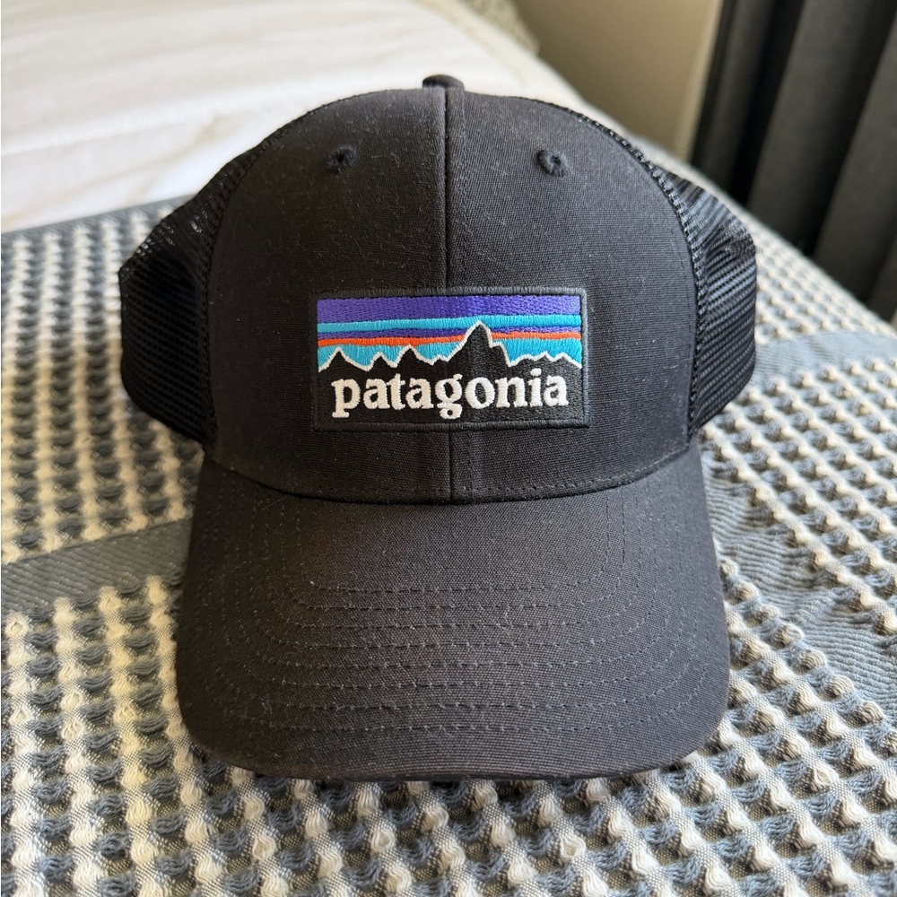 Patagonia Black Trucker Cap with Multicolor Mountain Patch